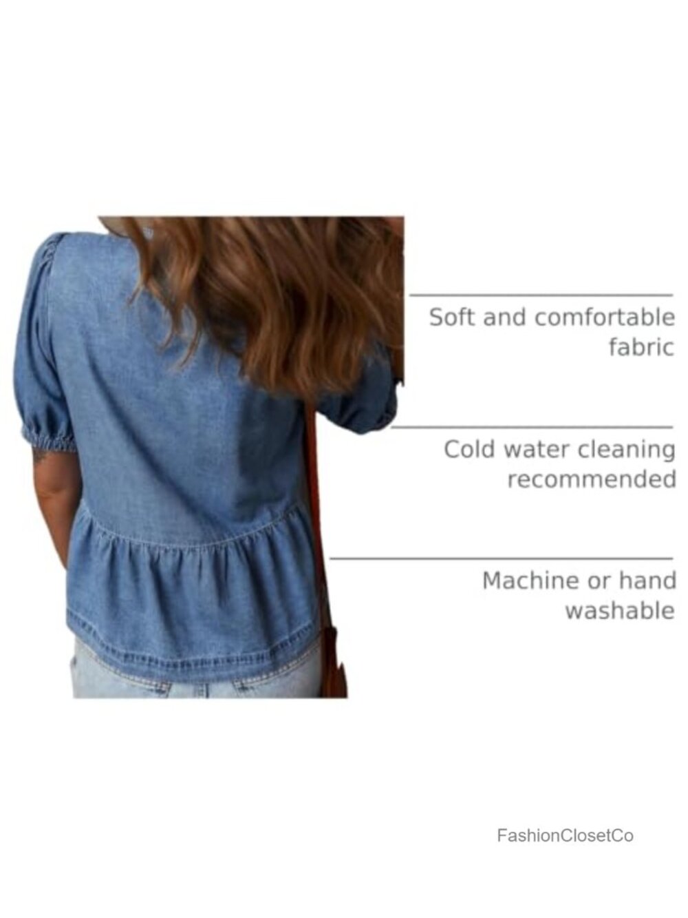 Womens Denim Blouse Bow Tie Front Puff Sleeve Babydoll Peplum Summer Trendy - Picture 3 of 6